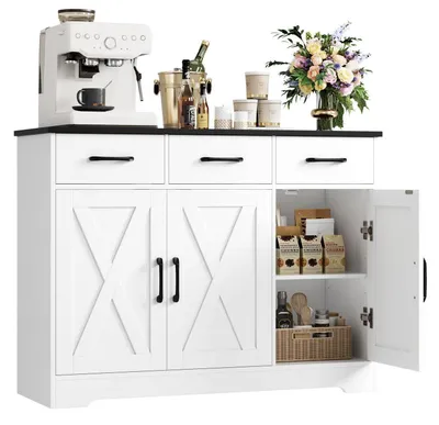 Produktbild von Sideboard mit 3 Schubladen und 3 Türen, Buffetschrank mit Arbeitsplatte, Holz, Weiß & Schwarz