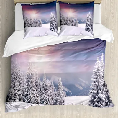 Produktbild von ABAKUHAUS Winter Bettbezug Set, Idyllisches Bild der Schnee-Jahreszeit draußen Gefrorenes Hochland-Sonnenuntergang im kalten Wetter-Druck, 155 x 220 cm + 80 x 80 cm, Mehrfarbig