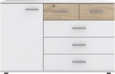 Produktbild von Kombikommode >Budapest< 1 Türen, 5 Schübe, weiss / Hickory-Eiche-Nachbildung - 130x83x41cm (B/H/T)