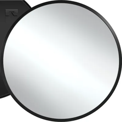 A round mirror with a black frame against a white background.
