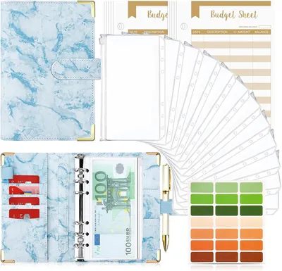 Imagen del producto de Planificador de presupuesto en formato A6 con cuaderno de cuero de 6 anillas, 12 sobres para dinero, 12 hojas de presupuesto, funda de PVC, ideal para finanzas