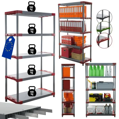 Produktbild von MODO24 Kunststoffregal, 5 Ablagen, 160kg/Boden, Schwerlast, Steckregal, Lagerregal, Plastikregal, Werkstatt, 180x110x46?cm, Rot, TYTAN