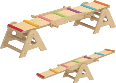 Produktbild von 2 In 1 Balance Wippe Kinder, Schwebebalken aus Holz, Wippe Schaukelwippe Garten, Balance Board 133 x 38 x 24 cm