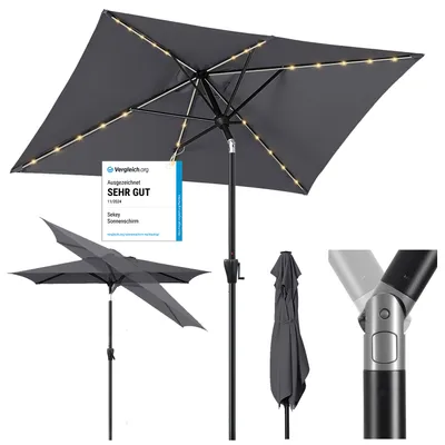 Collage of images showing a grey umbrella, its folded state, and a close-up of its joint mechanism.