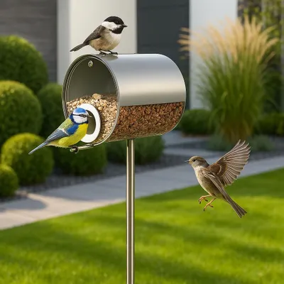 Immagine prodotto di Mangiatoia per uccelli MeLiTec con supporto, casetta per uccelli VH10, mangiatoia in acciaio inox opaco spazzolato, in piedi, altezza 150 cm, rotonda Ø14 cm, argento opaco : In piedi : Acciaio inox opaco Superficie: Acciaio inox opaco Stile: In piedi