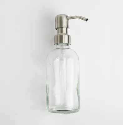 Immagine prodotto di Natural Goods Berlin KLEAN dispenser di sapone con etichette, dispenser di sapone di alta qualità e ricaricabile per cucina e bagno, bianco trasparente, testa della pompa in acciaio inox argento, 250 ml