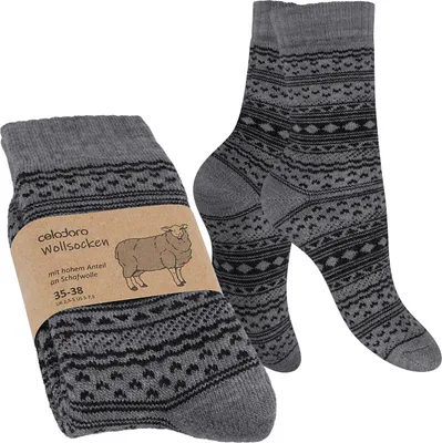 Produktbild von Celodoro Damen & Herren Frottee-Wollsocken mit Muster (1 Paar) - Grau mit Schwarz 39-42