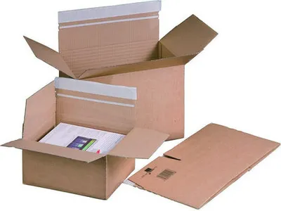 Produktbild von 10x Schnellaufrichtekarton 305x215x(130)-220mm variable Höhe Selbstklebeverschluss Aufreißfaden Automatikboden A4