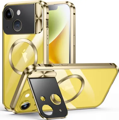 Image de Etui compatible MagSafe pour iPhone 14, anneau caméra intégré, adsorption magnétique, cadre métallique, étui de protection Or