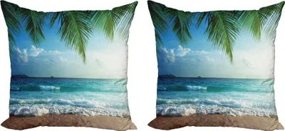 Produktbild von ABAKUHAUS Ozean Kissenbezug Set (2Stück), Palmen Tropische Insel Strand Küste Wasser Wellen Hawaiian Nautical Marine, 40 x 40 cm, Blau und Grün