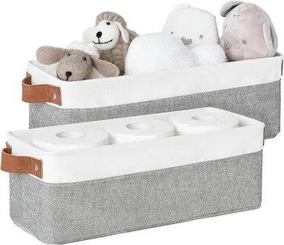 Produktbild von Opvouwbare Stoffächer 2er-Pack – Kleine Stoffächer mit Griffen – Lange Fächer für Regale und Schränke – Grau/Weiß