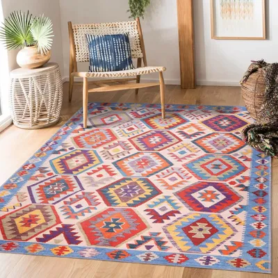 Zdjęcie produktu dla Dywan z krótkim włosiem, 160 x 230 cm, antypoślizgowy, w kolorach: biały, pomarańczowy, niebieski, do salonu