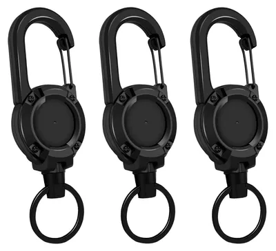 Produktbild von Ausziehbares Schlüsselband, 3-teilig. Ausziehbarer Schlüsselring mit 60 cm Karabinerhaken, Schlüsselring, Gürtelclip und Kartenhalter. Auswelter aus Stahlseil.