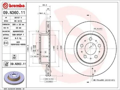 Produktbild von 2x BREMBO Bremsscheibe 09.N360.11 für TESLA Model 3 (5YJ3) 68mm 320mm