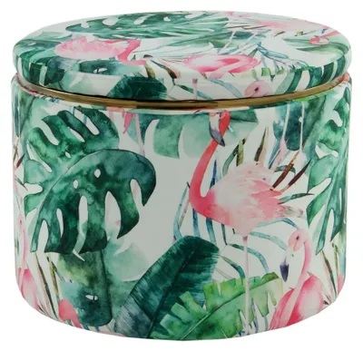 Image de Pouf rond Padiro avec espace de rangement, diamètre 53 x hauteur 42 cm - Multicolore et vert - Revêtement en velours polyester - Motifs botaniques