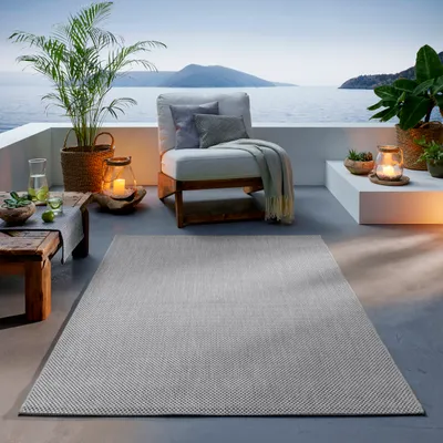 Produktbild von Outdoor Teppich I UV-Stabil Für Drinnen und Draußen I Terrasse Balkon Garten Wohnzimmer Badezimmer Küche Flur Läufer |  Grau