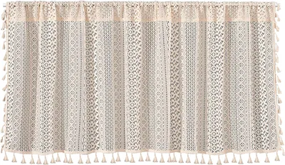 Produktbild von Bistrogardine Boho Gardine Beige Kurz Scheibengardine Handgefertigte Häkelgardinen mit Ausschnitten Kurzgardinen mit Quasten für Küche Cafe Zimmer Fensterdeko 1 Stück B 150 x H 60 cm