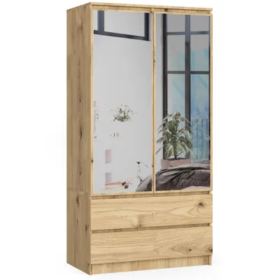 Produktbild von Kleiderschrank – Schlafzimmerschrank 2 Türen mit Kleiderstange – 90 cm – Artisan Eiche – Funktionaler Drehtürenschrank mit Spiegel und 2 Schubladen