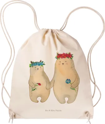 Produktbild von Mr. & Mrs. Panda gym tasche Bären mit Blumenkranz - Transparent - Geschenk, Kinder, Muttertag, wander rucksack, Sportbeutel, freizeit, Beutel, Töchter, Jutebeutel, Family