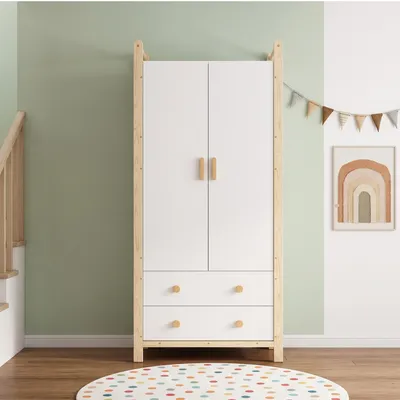 Productafbeelding van Kledingkast met kledingroede en twee lades, 90 x 45 x 180 cm, wit en naturel