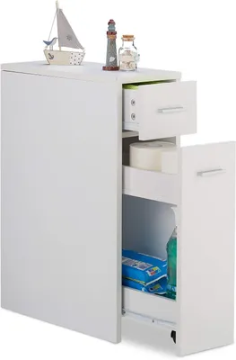 Image de Armoire de rangement - 2 tiroirs - Adaptée pour la salle de bain, la cuisine ou le salon - Armoire gain de place - Dimensions : 61,5 x 20 x 45 cm - Blanche