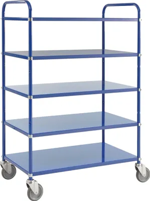 Produktbild von Kongamek Etagenwagen mit 5 Böden 900x440mm pulverbeschichtet in blau 24mm Rand mit Bremse
