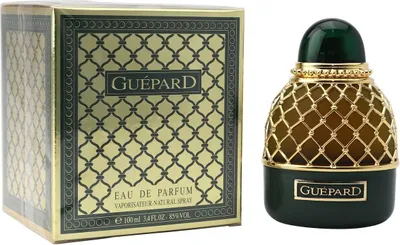 Guepard Eau de Parfum mit gold-schwarzer Box neben rundem Flakon in Dunkelgrün, goldfarbenem Gitterdesign und grünem Verschluss.