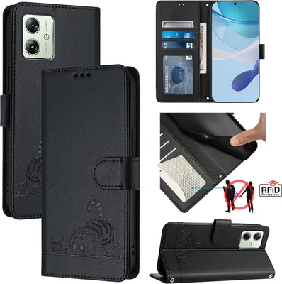 Produktbild von Leder Hülle für Motorola Moto G54 Süße Katze Flip Case Brieftasche Schutzhülle mit Standfunktion Schwarz