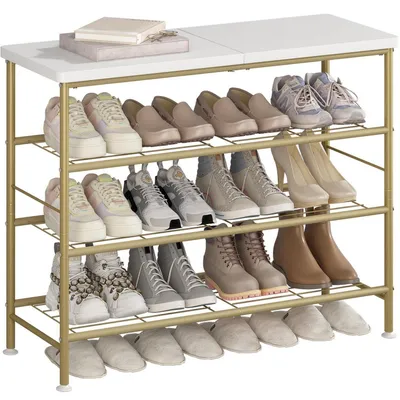 Immagine prodotto di Scaffale per scarpe, 4 ripiani, metallo e MDF, colore oro, dimensioni 80x30x71,5 cm