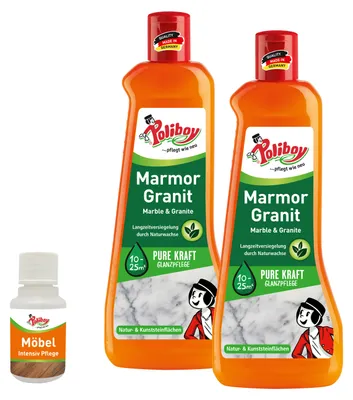 Produktbild von Poliboy Marmor Granit Pflege - 2x500ml - schützt und pflegt ihre Natur- und Kunststeinflächen - Inklusive Möbel Probe