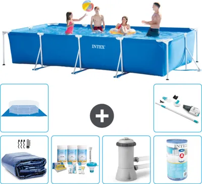 Produktbild von Intex-Schwimmbecken mit rechteckigem Rahmen – 450 x 220 x 84 cm – Blau – im Lieferumfang enthalten Sonnensegel - Wartungspaket - Filterpumpe für Schwimmbad - Filter - Bodenplane - Staubsauger