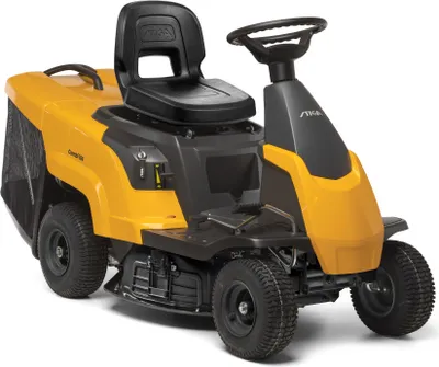 A yellow and black ride-on lawnmower is shown against a white background.