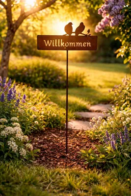 Produktbild von Willkommen Gartenstecker aus Metall, Edelrost Cortenstahl, mit Vögel-Motiv, 35 x 115 cm