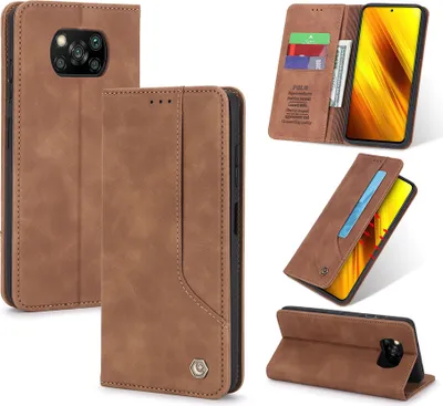 Produktbild von Xiaomi Poco X3 Pro Hülle, LaimTop Retro PU Ledertasche Schutzhülle mit Kartenfach Standfunktion für Xiaomi Poco X3 / Poco X3 Pro Braun