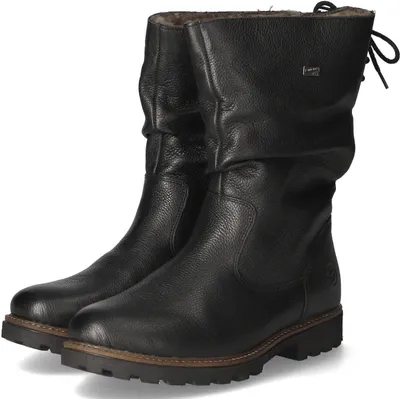 A pair of black leather boots.