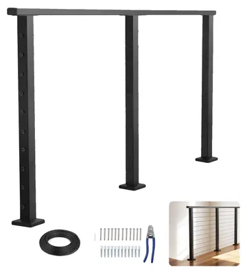 Obrázok produktu pre VEVOR Balokon kompletný set zábradlia so stĺpikom, matné čierne zábradlie z nehrdzavejúcej ocele, zábradlie pre vonkajšie/vnútorné schody, s vodorovnými otvormi pre schody, terasy, balkóny, 50x25x1981mm