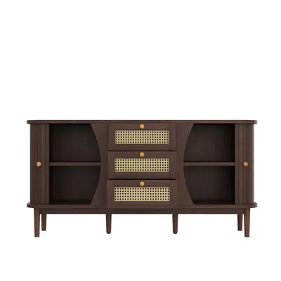 Produktbild von Merax Sideboard 140 cm, Rattanschrank mit 3 Schubladen & 2 Schiebetüren, rustikal, Holzoptik, Stauraum Wohnzimmer Flur, Walnuss
