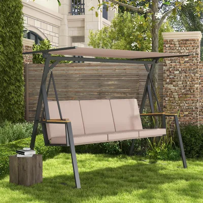 Produktbild von Hollywoodschaukel 3-Sitzer mit Sonnendach, Gartenschaukel wetterfest, Stahlrahmen, Khaki | 205 x 130 x 175 cm | bis 300 kg | inkl. Kissen