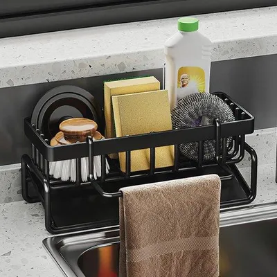 Produktbild von Famanu Küchenorganizer 2-in-1 - Schwarz, ohne Bohren, mit Trockenregal und Schwammhalter