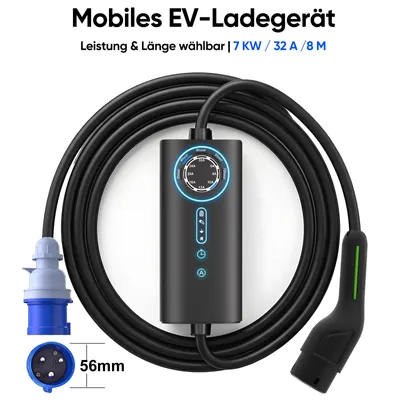 Produktbild von Junsun Mobile Wallbox EV Ladegerät 7kW Typ 2 8m Ladekabel 32A CEE Stecker 1 Phase Für Elektroautos