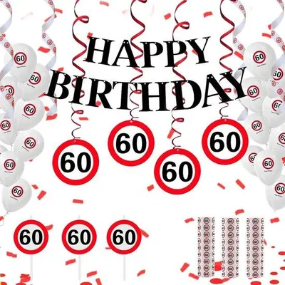 Produktbild von 60. Geburtstags-Dekoration Set - Girlande mit Ballons - Flügel und Kerze - Festliche Dekoration zum 60. Geburtstag - ShopFlot