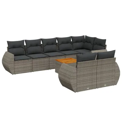 Produktbild von Garten-Sofagarnitur 9-tlg., modular, Grau, aus UV-beständigem PE-Rattan & pulverbeschichtetem Stahl, mit Akazienholz-Tisch, Stauraum, 17 Kissen