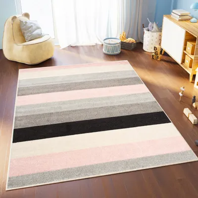Image de Tapis LAZUR Moderne Gris Crème Rose Chambre Jeunes ÖKOTEX 140 x 190 cm