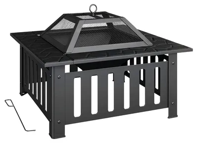Produktbild von Feuerschale aus Stahl Feuerstelle mit Funkenschutz Schürhaken für Outdoor BBQ Camping 67x67x47cm Schwarz