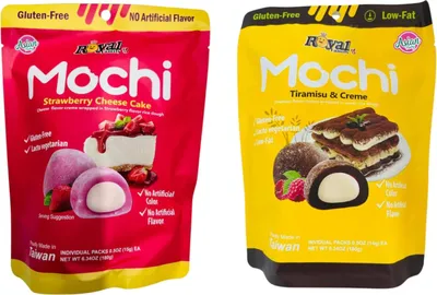Produktbild von Royal Family Mochi 2er-Set – Tiramisu & Strawberry Cheesecake, je 180 g. Reiskuchen mit cremiger Füllung, + Heartforcards-Versandschutz