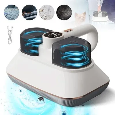 A marketing image showcasing a mite vacuum cleaner with UV-C light, highlighting its features and effectiveness against dust mites and other allergens.