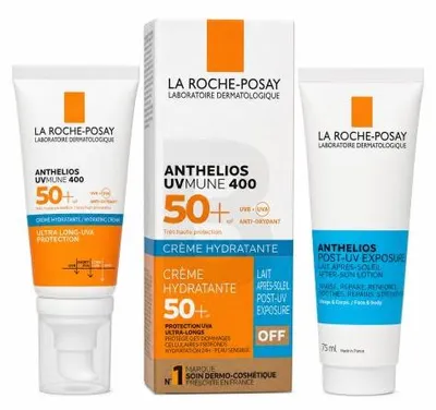 Image de La Roche-Posay ANTHELIOS : gamme pour une peau parfaitement bronzée. Crème hydratante UVMUNE 400 SPF 50+ et lait après-soleil 50 ml + 75 ml