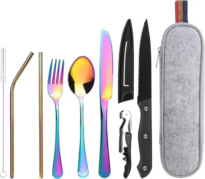 Imagen del producto de Juego de cubiertos de viaje, de 9 piezas, de acero inoxidable, de colores, ideal para camping y picnics