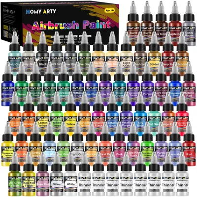 Obrázek produktu pro Elzusha – Sada airbrush barev – 64 odstínů s 8 ředidly – lahvičky o objemu 20 ml