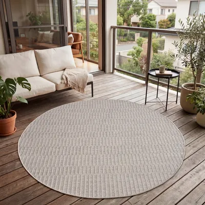 Produktbild von Paco Home Outdoor Teppich Wetterfest Balkon Küche Skandinavisches Muster Boho Einfarbig 160 cm rund
